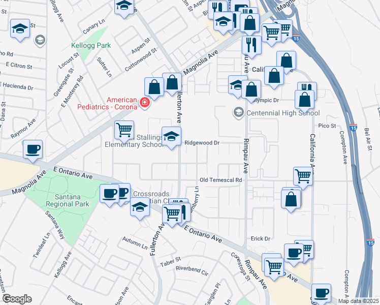 map of restaurants, bars, coffee shops, grocery stores, and more near 1937 Nutwood Circle in Corona