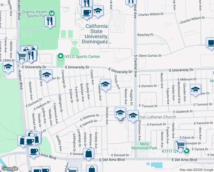map of restaurants, bars, coffee shops, grocery stores, and more near 19240 Annalee Avenue in Carson