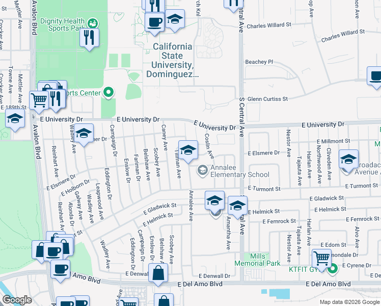 map of restaurants, bars, coffee shops, grocery stores, and more near 19240 Annalee Avenue in Carson