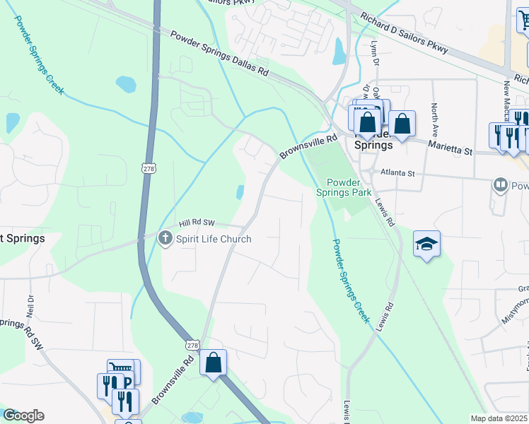 map of restaurants, bars, coffee shops, grocery stores, and more near 4139 Brownsville Road in Powder Springs