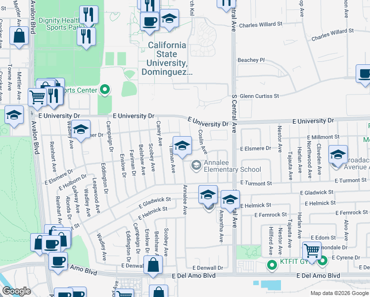 map of restaurants, bars, coffee shops, grocery stores, and more near 19240 Annalee Avenue in Carson