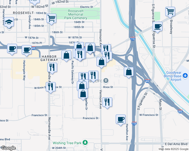 map of restaurants, bars, coffee shops, grocery stores, and more near 19191 South Vermont Avenue in Torrance