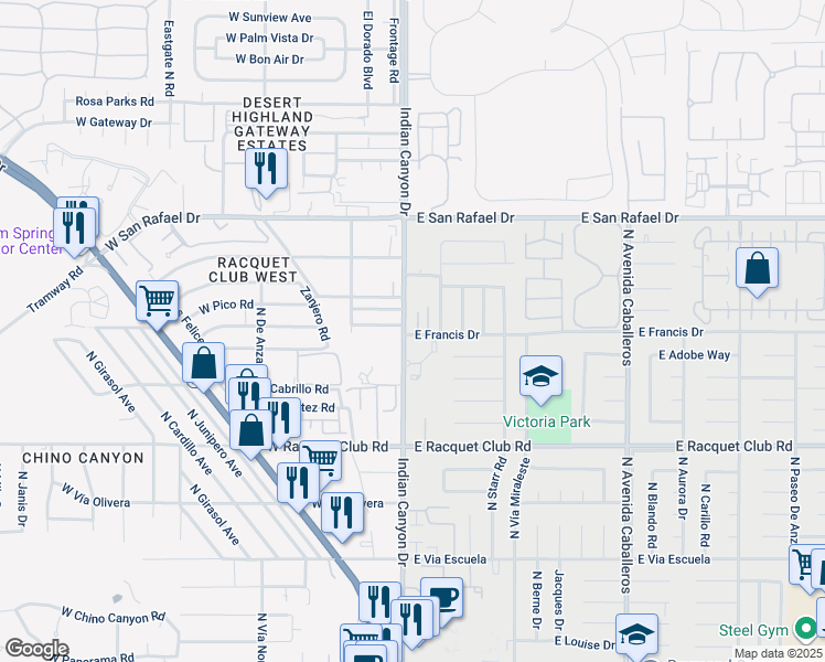 map of restaurants, bars, coffee shops, grocery stores, and more near 100 East Francis Drive in Palm Springs