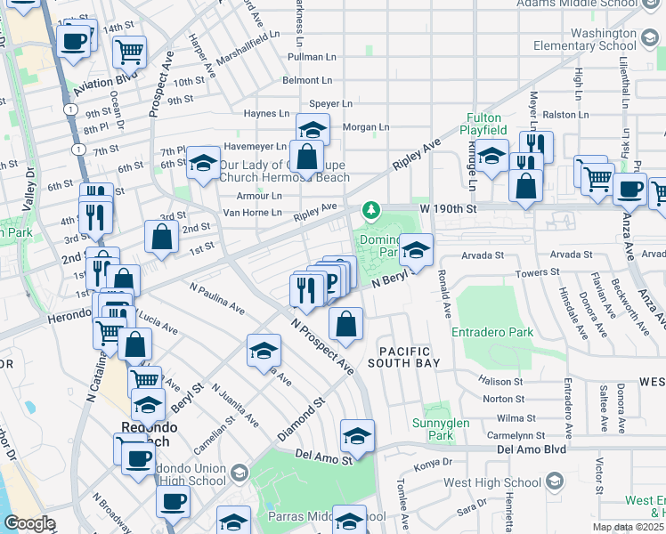 map of restaurants, bars, coffee shops, grocery stores, and more near 1311 Amethyst Street in Redondo Beach