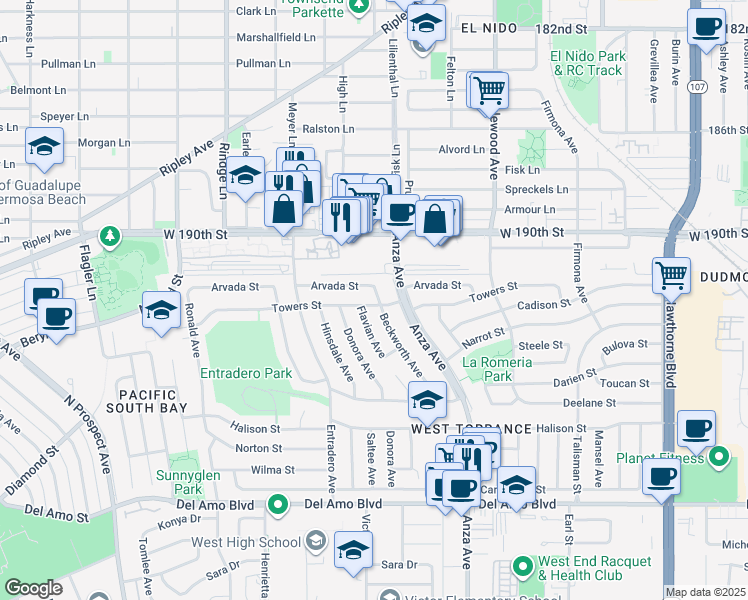 map of restaurants, bars, coffee shops, grocery stores, and more near 19219 Beckworth Avenue in Torrance