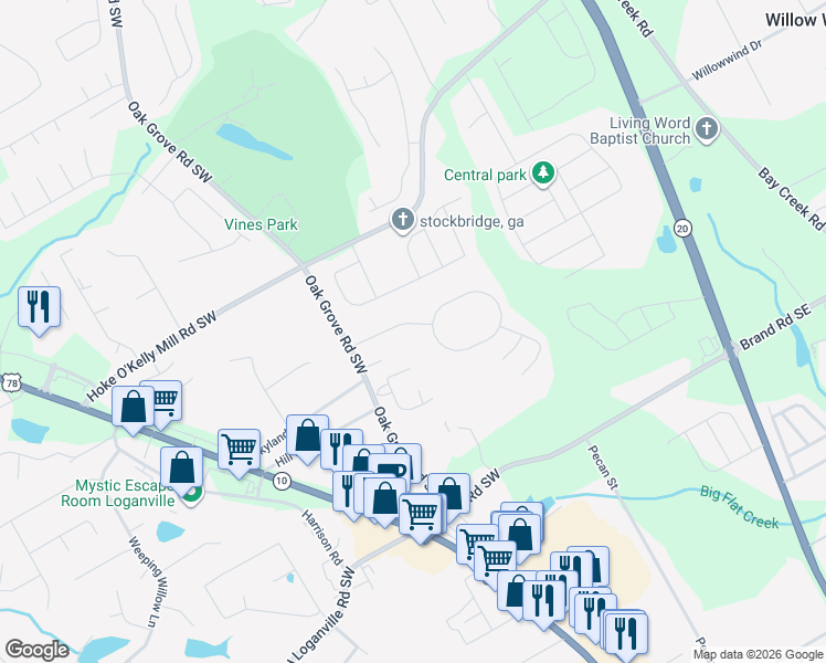 map of restaurants, bars, coffee shops, grocery stores, and more near 271 Shadowbrooke Drive in Loganville