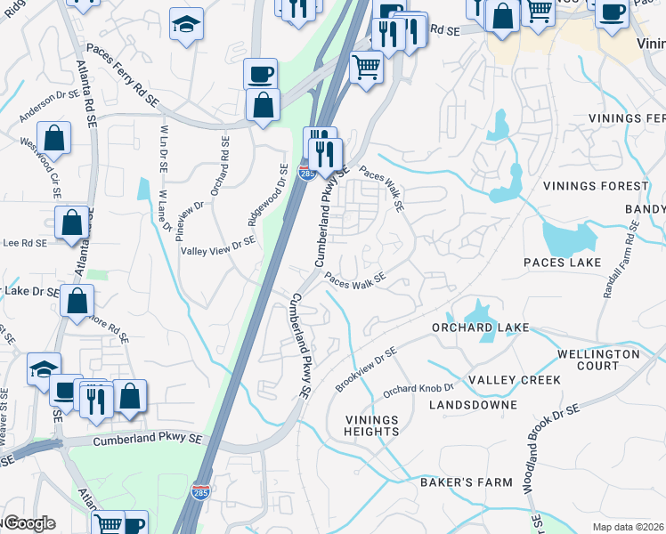 map of restaurants, bars, coffee shops, grocery stores, and more near 4100 Paces Walk Southeast in Atlanta