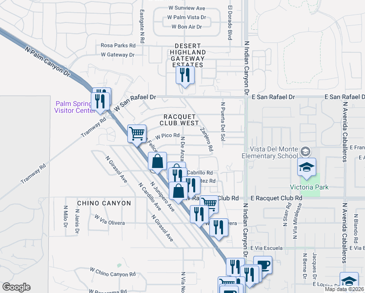 map of restaurants, bars, coffee shops, grocery stores, and more near 2951 North De Anza Road in Palm Springs