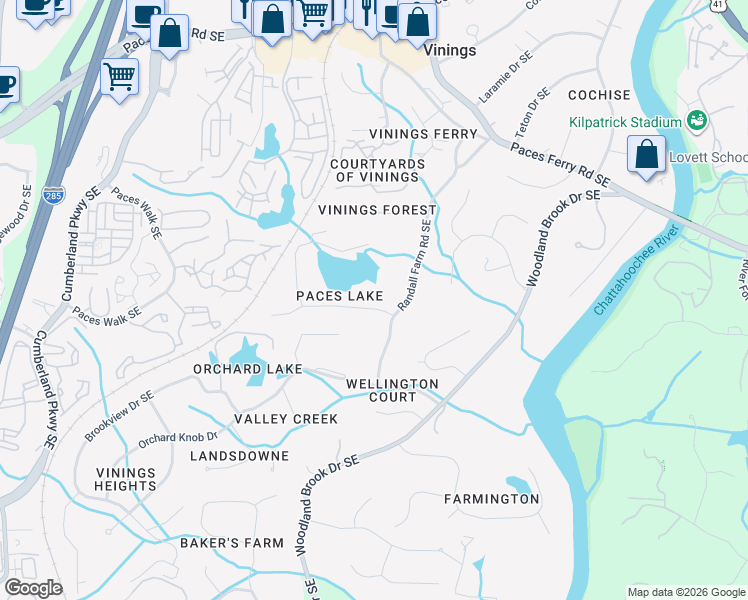 map of restaurants, bars, coffee shops, grocery stores, and more near 2971 Paces Lake Drive in Atlanta