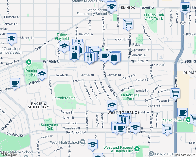 map of restaurants, bars, coffee shops, grocery stores, and more near 19219 Beckworth Avenue in Torrance