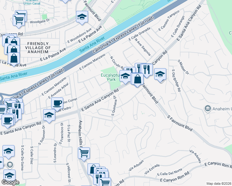 map of restaurants, bars, coffee shops, grocery stores, and more near 6463 East Santa Ana Canyon Road in Anaheim
