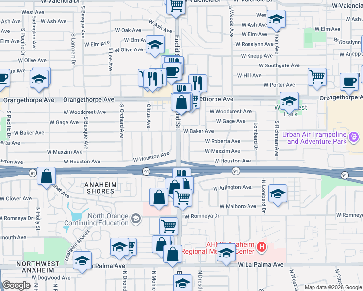 map of restaurants, bars, coffee shops, grocery stores, and more near 1000 West Houston Avenue in Fullerton