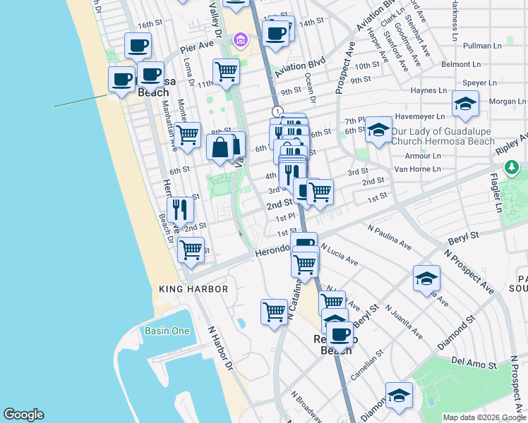 map of restaurants, bars, coffee shops, grocery stores, and more near in Hermosa Beach