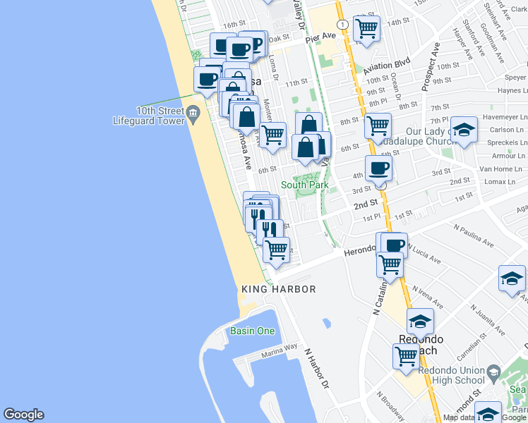 map of restaurants, bars, coffee shops, grocery stores, and more near 109 4th Street in Hermosa Beach