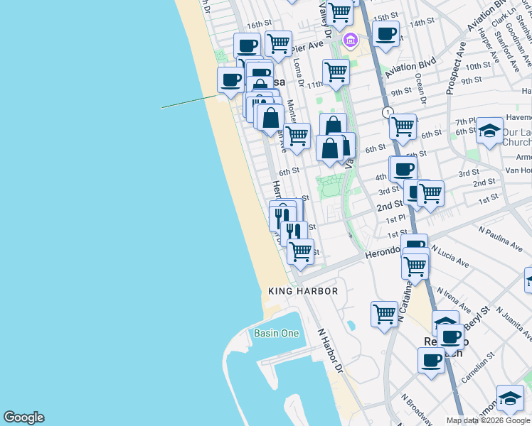 map of restaurants, bars, coffee shops, grocery stores, and more near 336 The Strand in Hermosa Beach
