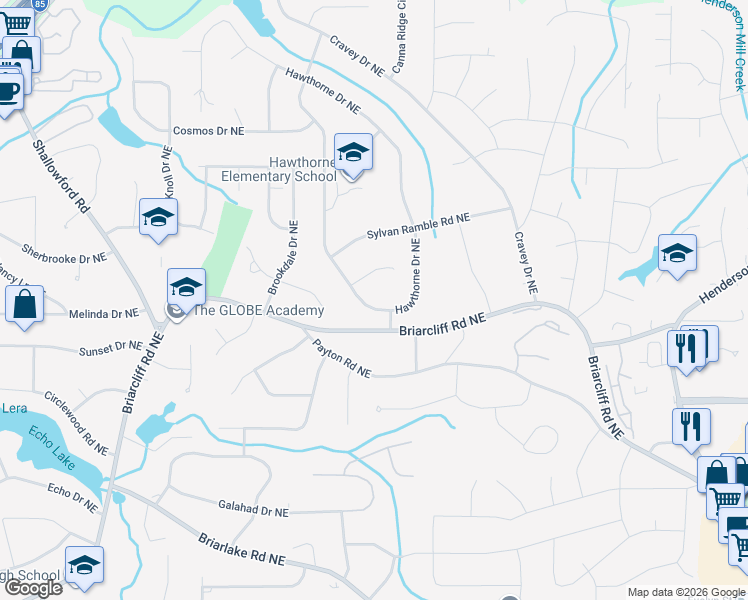 map of restaurants, bars, coffee shops, grocery stores, and more near 2857 Talisman Court Northeast in Atlanta