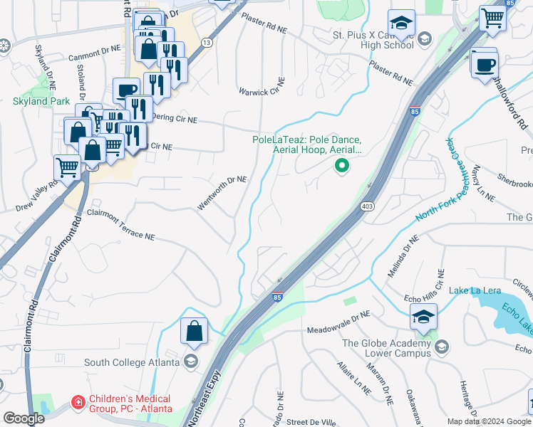 map of restaurants, bars, coffee shops, grocery stores, and more near 2426 Rhineland Court Northeast in Atlanta