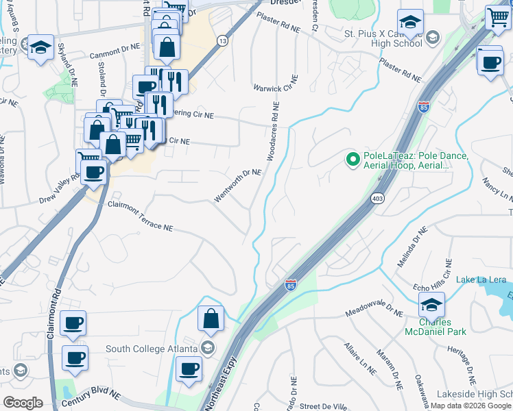 map of restaurants, bars, coffee shops, grocery stores, and more near 2405 Woodacres Road Northeast in Atlanta