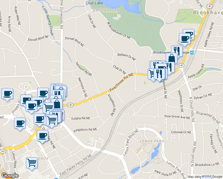 map of restaurants, bars, coffee shops, grocery stores, and more near 3733 Peachtree Road in Atlanta