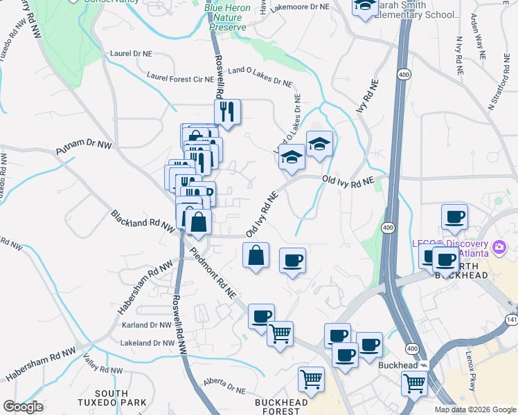 map of restaurants, bars, coffee shops, grocery stores, and more near 54 Ivy Parkway Northeast in Atlanta