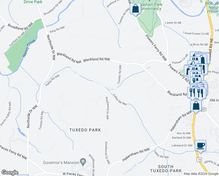 map of restaurants, bars, coffee shops, grocery stores, and more near 251 Valley Road Northwest in Atlanta