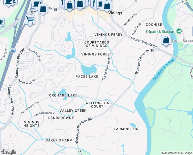 map of restaurants, bars, coffee shops, grocery stores, and more near 2971 Paces Lake Drive in Atlanta