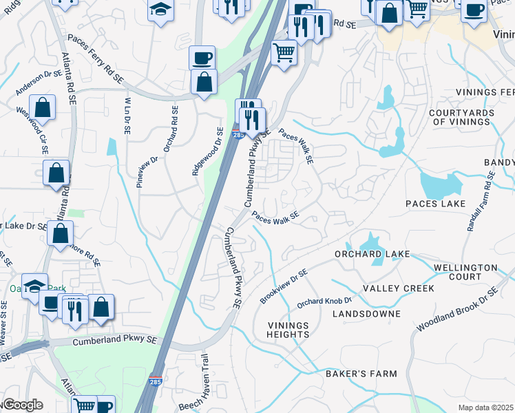 map of restaurants, bars, coffee shops, grocery stores, and more near 4100 Paces Walk Southeast in Atlanta