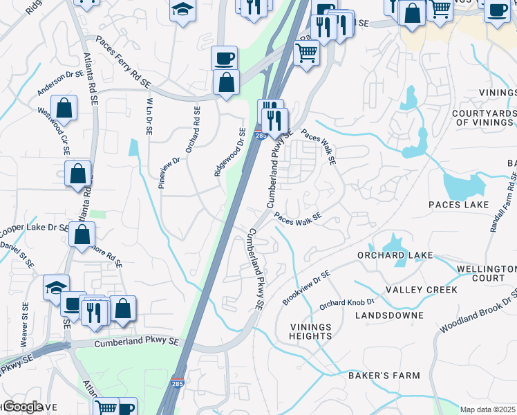 map of restaurants, bars, coffee shops, grocery stores, and more near Unnamed Road in Atlanta