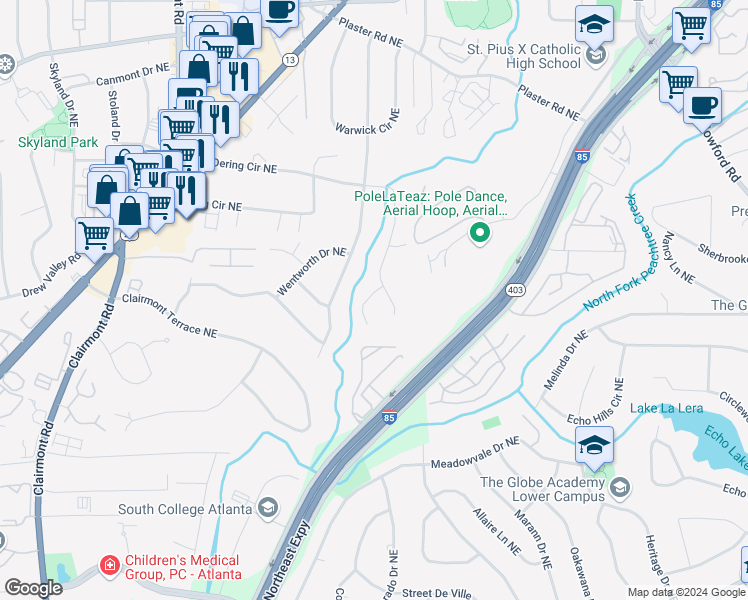 map of restaurants, bars, coffee shops, grocery stores, and more near 2426 Rhineland Court Northeast in Atlanta