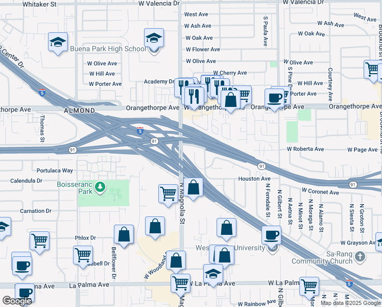 map of restaurants, bars, coffee shops, grocery stores, and more near 1611 Picadilly Way in Fullerton