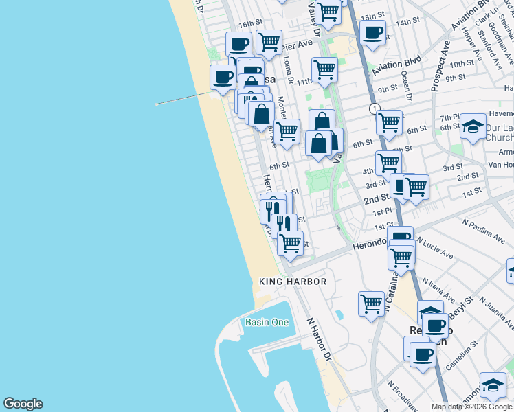 map of restaurants, bars, coffee shops, grocery stores, and more near 336 The Strand in Hermosa Beach