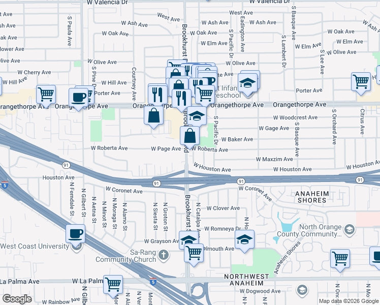map of restaurants, bars, coffee shops, grocery stores, and more near 1761 West Houston Avenue in Fullerton