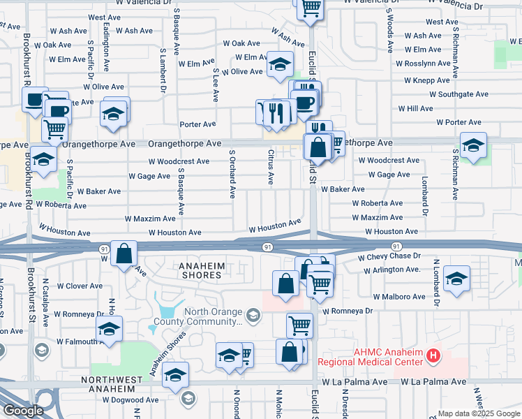 map of restaurants, bars, coffee shops, grocery stores, and more near 1512 South Lovering Avenue in Fullerton
