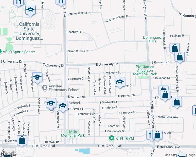 map of restaurants, bars, coffee shops, grocery stores, and more near 19223 Harlan Avenue in Carson
