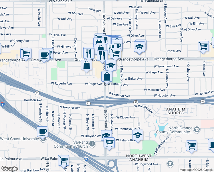 map of restaurants, bars, coffee shops, grocery stores, and more near 1761 West Houston Avenue in Fullerton