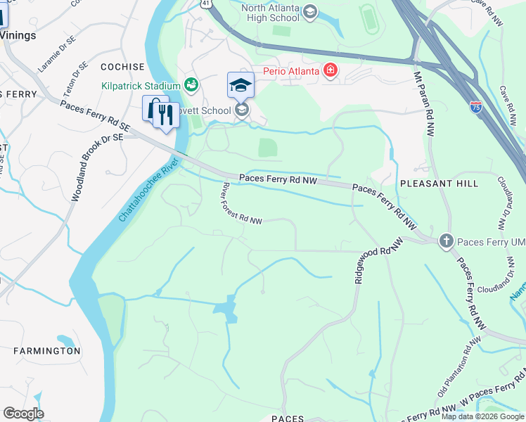 map of restaurants, bars, coffee shops, grocery stores, and more near 1891 River Forest Road Northwest in Atlanta