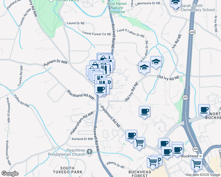 map of restaurants, bars, coffee shops, grocery stores, and more near Ivy Chase Way in Atlanta