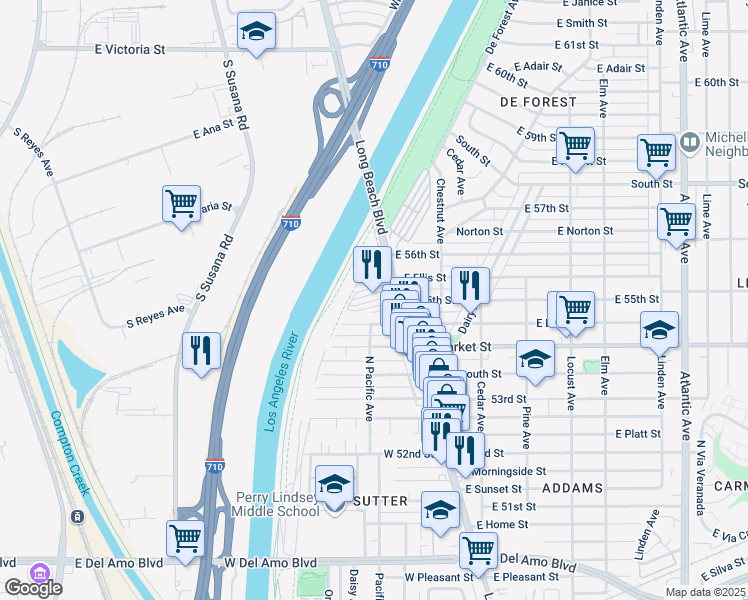 map of restaurants, bars, coffee shops, grocery stores, and more near 5533 Long Beach Boulevard in Long Beach
