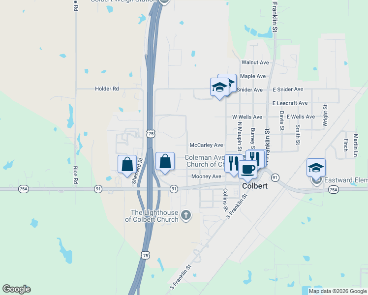 map of restaurants, bars, coffee shops, grocery stores, and more near 612 McCarley Avenue in Colbert
