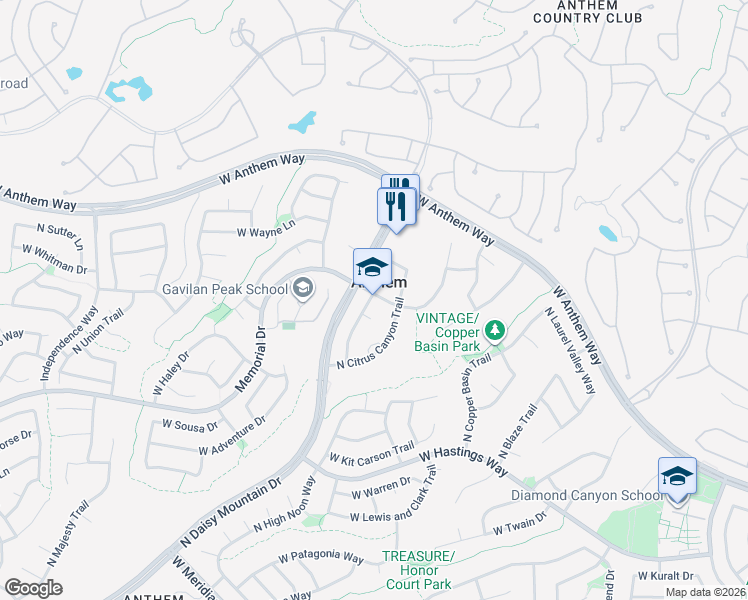 map of restaurants, bars, coffee shops, grocery stores, and more near 41001 N Trailhead Way in Anthem