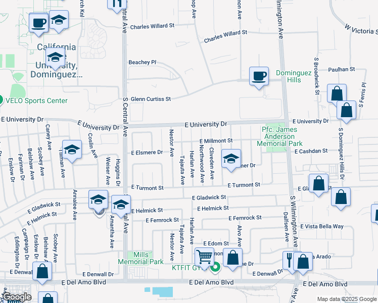 map of restaurants, bars, coffee shops, grocery stores, and more near 19223 Harlan Avenue in Carson