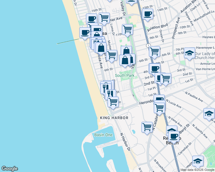 map of restaurants, bars, coffee shops, grocery stores, and more near 320 Hermosa Avenue in Hermosa Beach