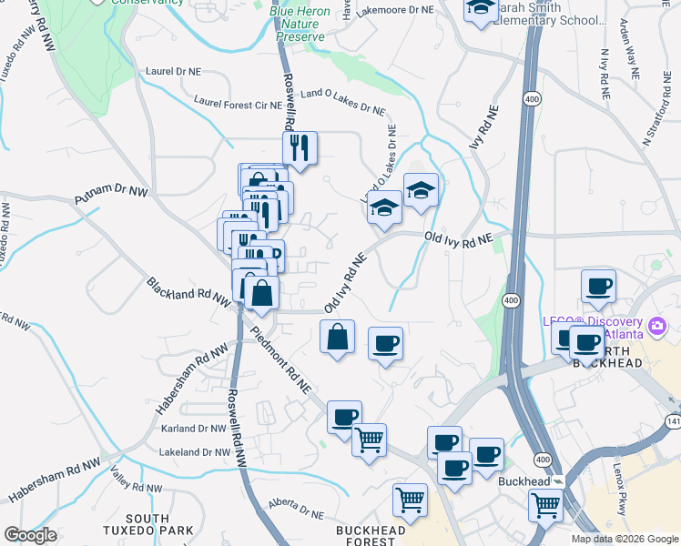 map of restaurants, bars, coffee shops, grocery stores, and more near 54 Ivy Parkway Northeast in Atlanta