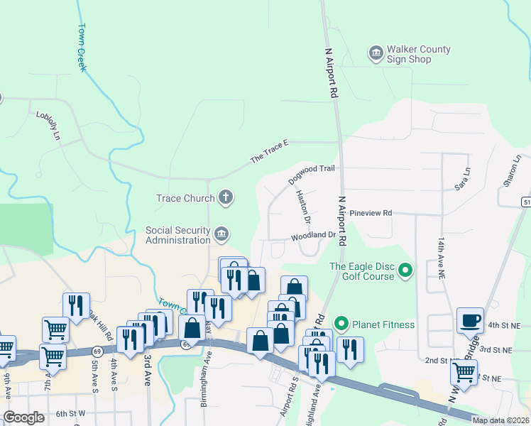 map of restaurants, bars, coffee shops, grocery stores, and more near 504 Dogwood Trail in Jasper