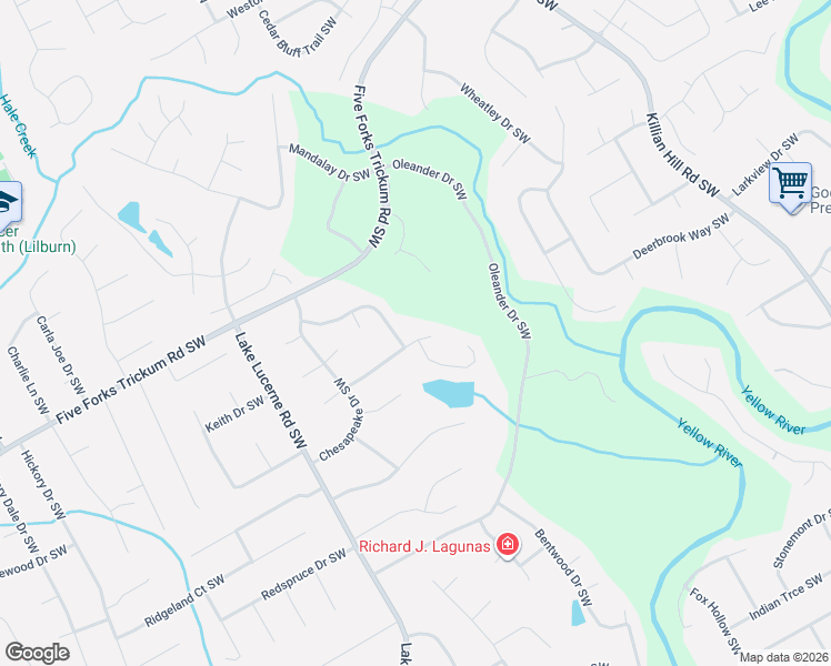 map of restaurants, bars, coffee shops, grocery stores, and more near 1296 Tred Avon Way Southwest in Lilburn