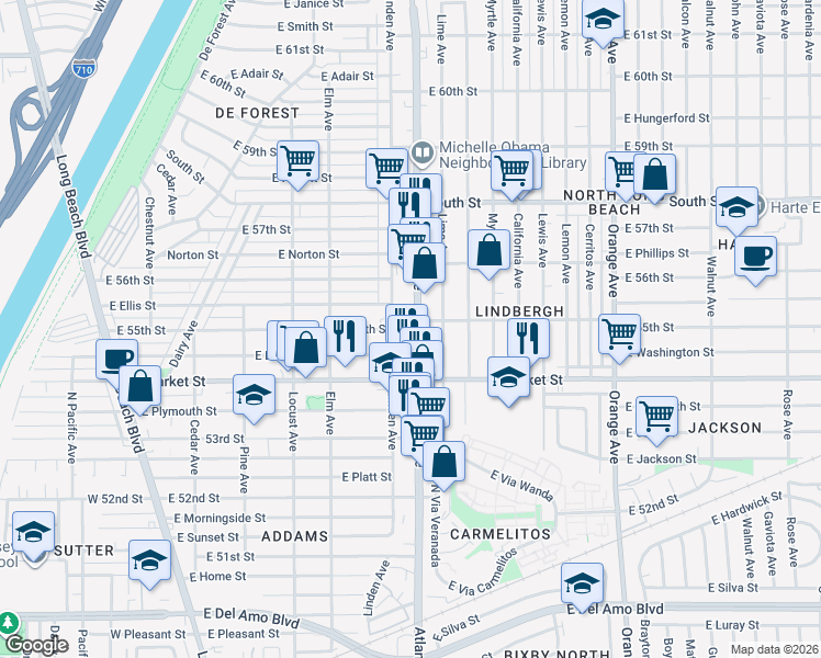 map of restaurants, bars, coffee shops, grocery stores, and more near 5495 Atlantic Avenue in Long Beach