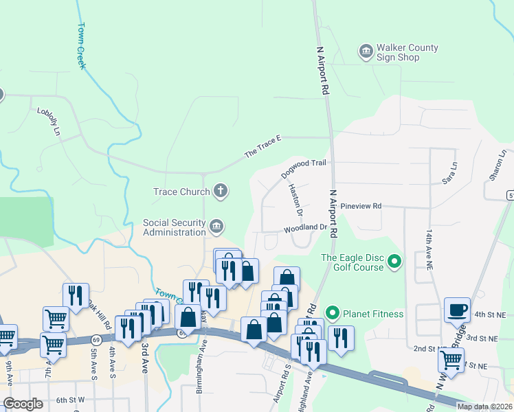 map of restaurants, bars, coffee shops, grocery stores, and more near 504 Dogwood Trail in Jasper