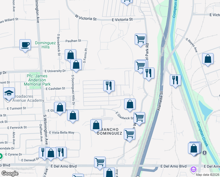 map of restaurants, bars, coffee shops, grocery stores, and more near 19009 South Laurel Park Road in Los Angeles County