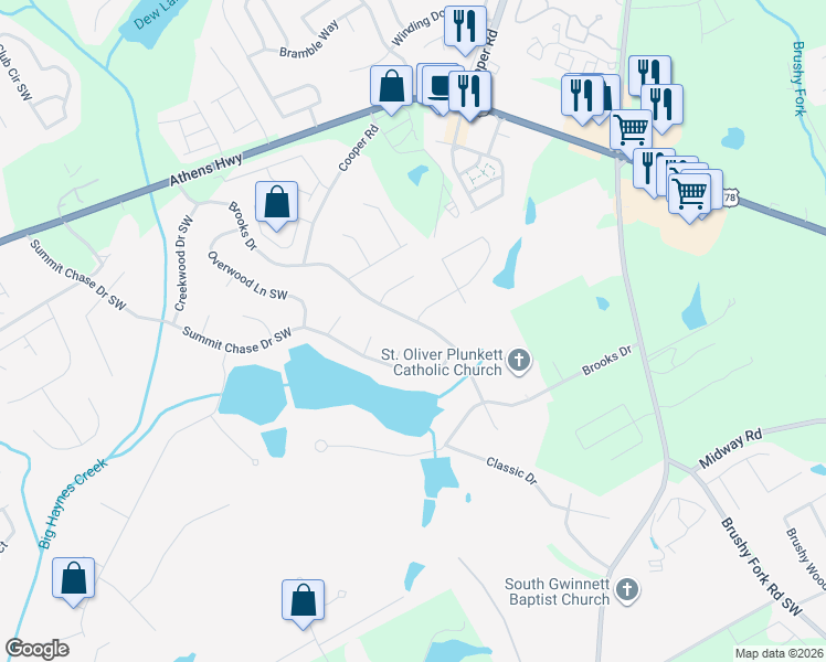 map of restaurants, bars, coffee shops, grocery stores, and more near 3056 Brooks Drive in Snellville