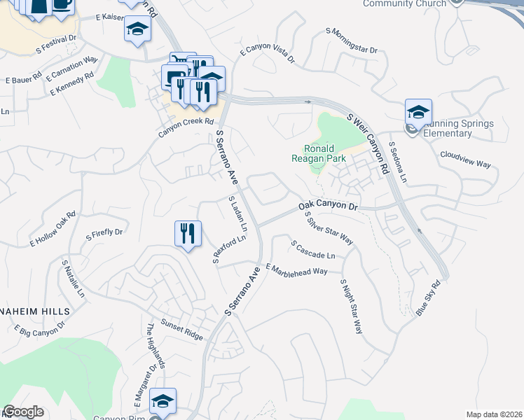 map of restaurants, bars, coffee shops, grocery stores, and more near 961 South Lone Pine Lane in Anaheim